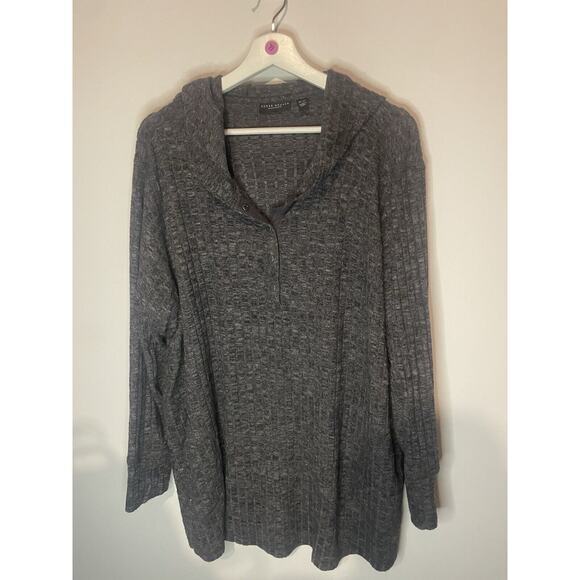 Susan Graver Weekend Brushed Rib Knit Hooded‎ Tunic- Dk Grey Heather, 3xP - Picture 1 of 6